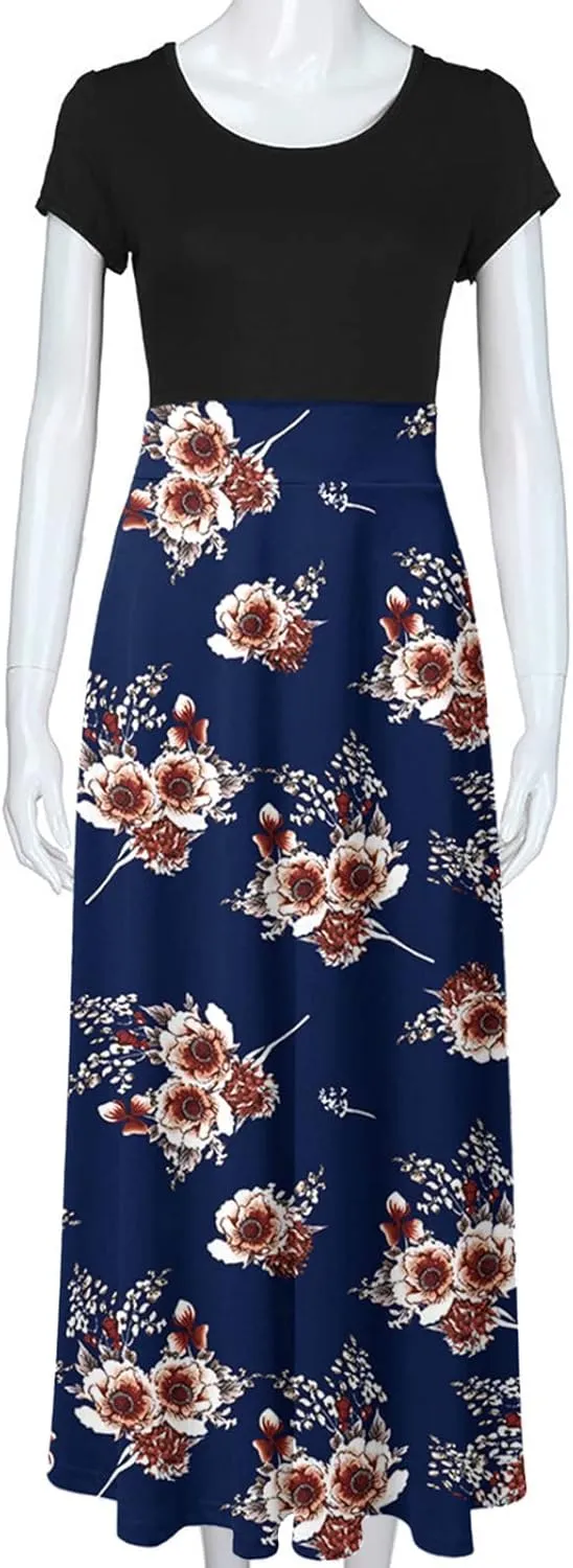 Ceboyel Women 2023 Flower Maxi Dress Summer Causal Long Dresses Short Sleeve Petite Floor Length Dress Modest Teacher Clothes