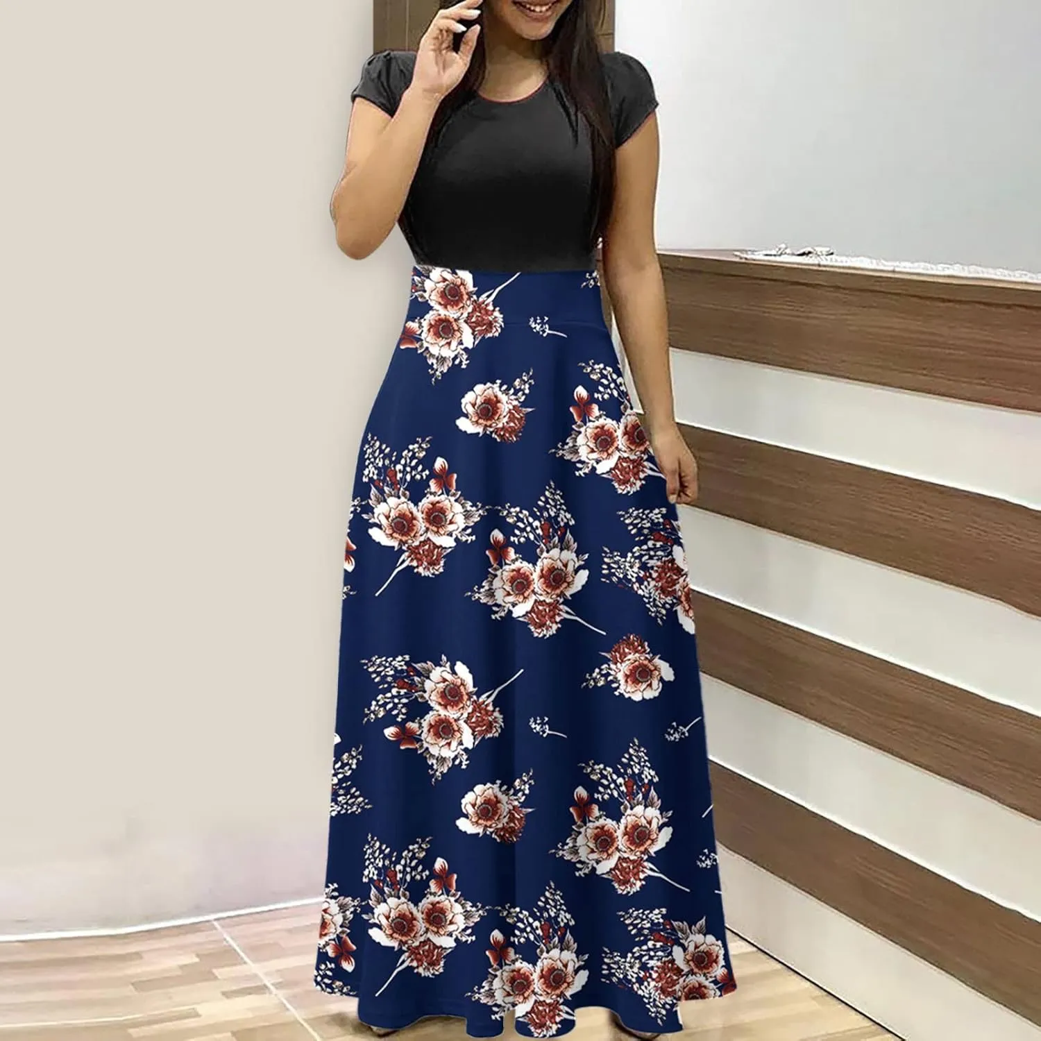 Ceboyel Women 2023 Flower Maxi Dress Summer Causal Long Dresses Short Sleeve Petite Floor Length Dress Modest Teacher Clothes