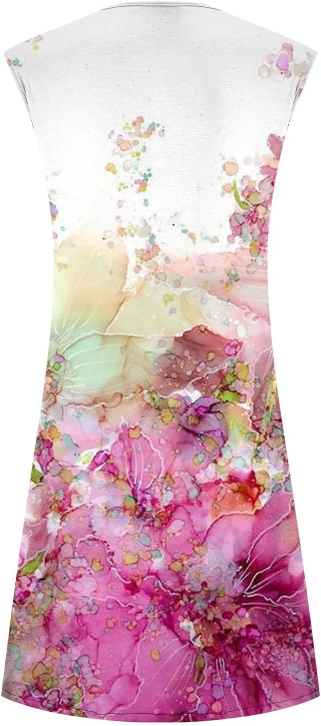 Ceboyel Womens 2023 Floral Tunic Dress Button Short Dresses Sleeveless Pleated Summer Causal Dress Cute Trendy Boho Clothes