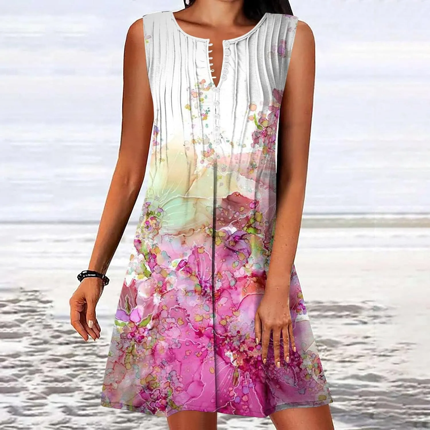 Ceboyel Womens 2023 Floral Tunic Dress Button Short Dresses Sleeveless Pleated Summer Causal Dress Cute Trendy Boho Clothes