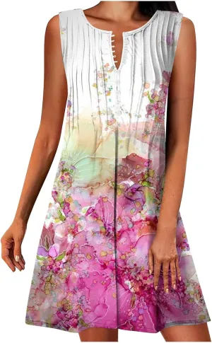 Ceboyel Womens 2023 Floral Tunic Dress Button Short Dresses Sleeveless Pleated Summer Causal Dress Cute Trendy Boho Clothes