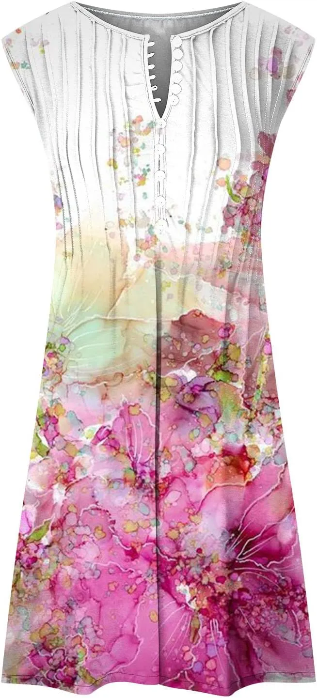 Ceboyel Womens 2023 Floral Tunic Dress Button Short Dresses Sleeveless Pleated Summer Causal Dress Cute Trendy Boho Clothes