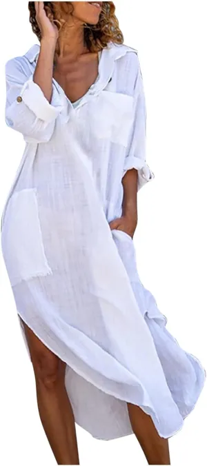 Ceboyel Womens Summer Causal Dresses Long Sleeve Dress Cotton Linen Shirt Dresses Dressy Trendy Ladies Outfits 2023