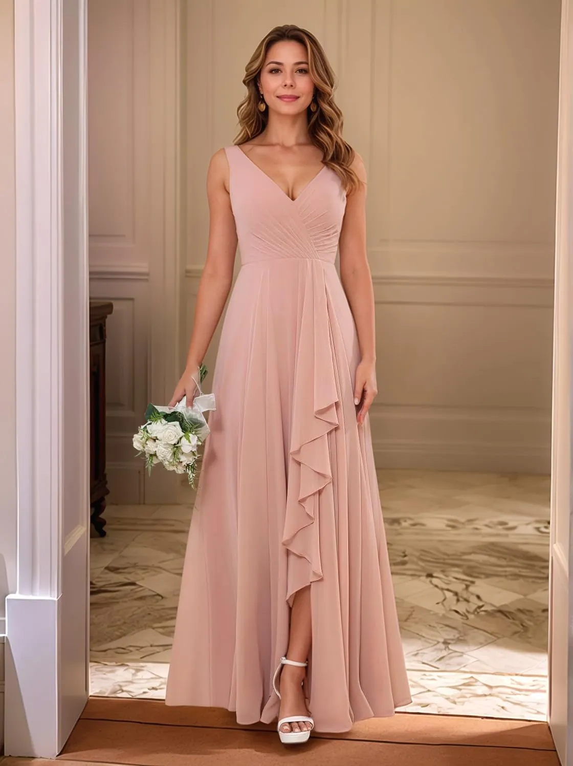 Chiffon Bridesmaid Dress for Women Strapless Ruffles Flowy A-Line Formal Evening Gowns with Slit