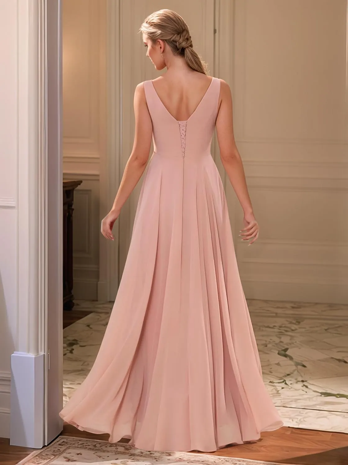 Chiffon Bridesmaid Dress for Women Strapless Ruffles Flowy A-Line Formal Evening Gowns with Slit