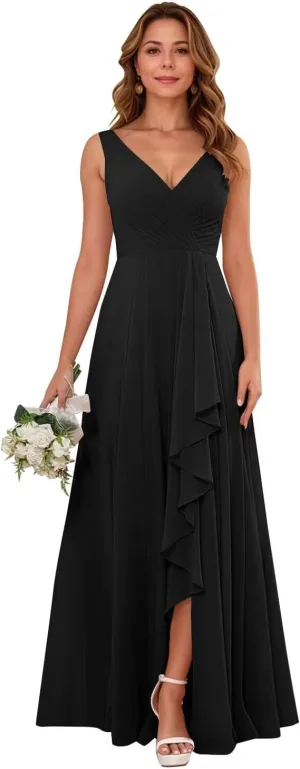 Chiffon Bridesmaid Dress for Women Strapless Ruffles Flowy A-Line Formal Evening Gowns with Slit