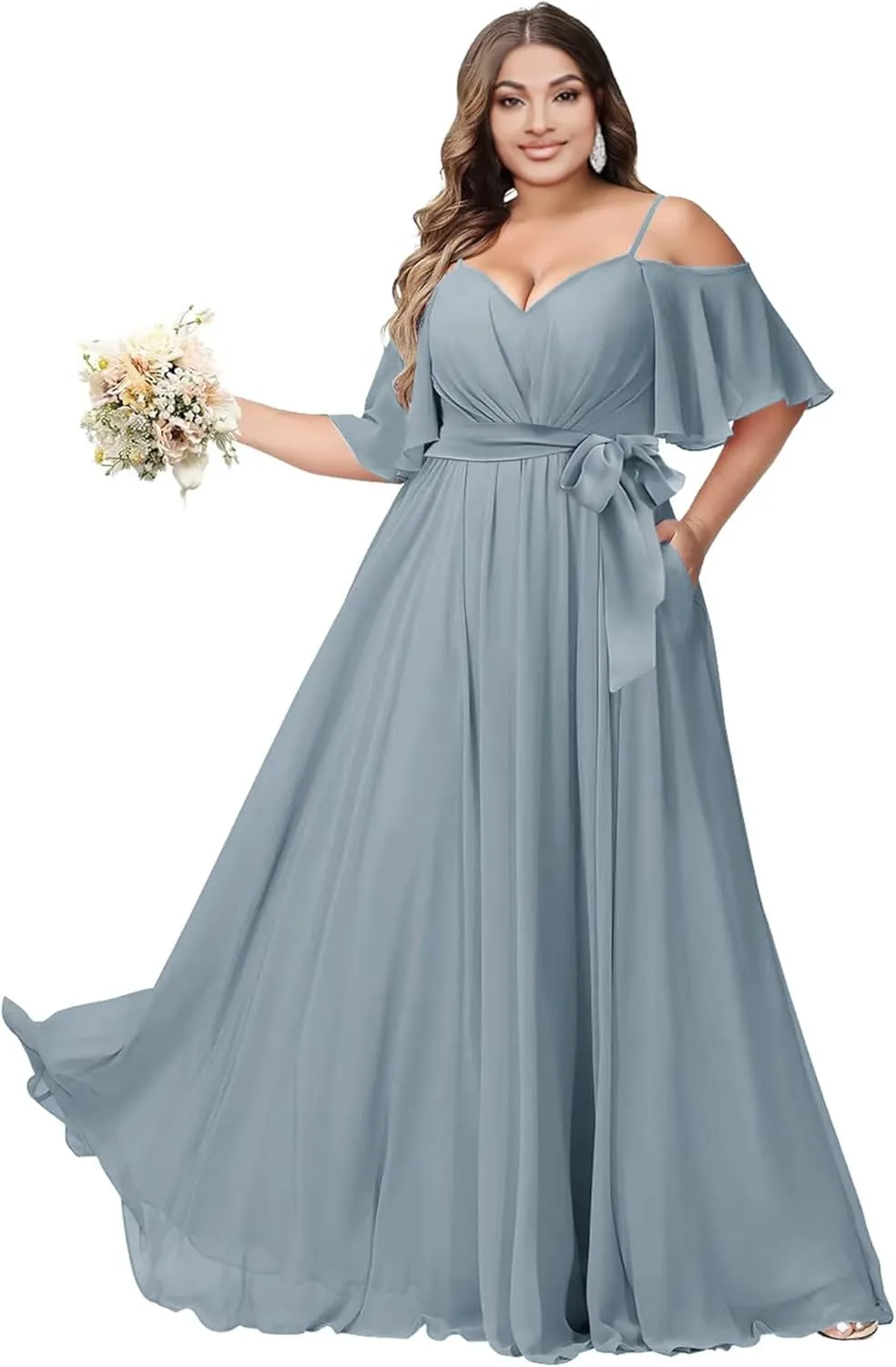 Chiffon Bridesmaid Dresses for Women 2025 Off Shoulder Spaghetti Straps A-Line Long Formal Dress with Slit