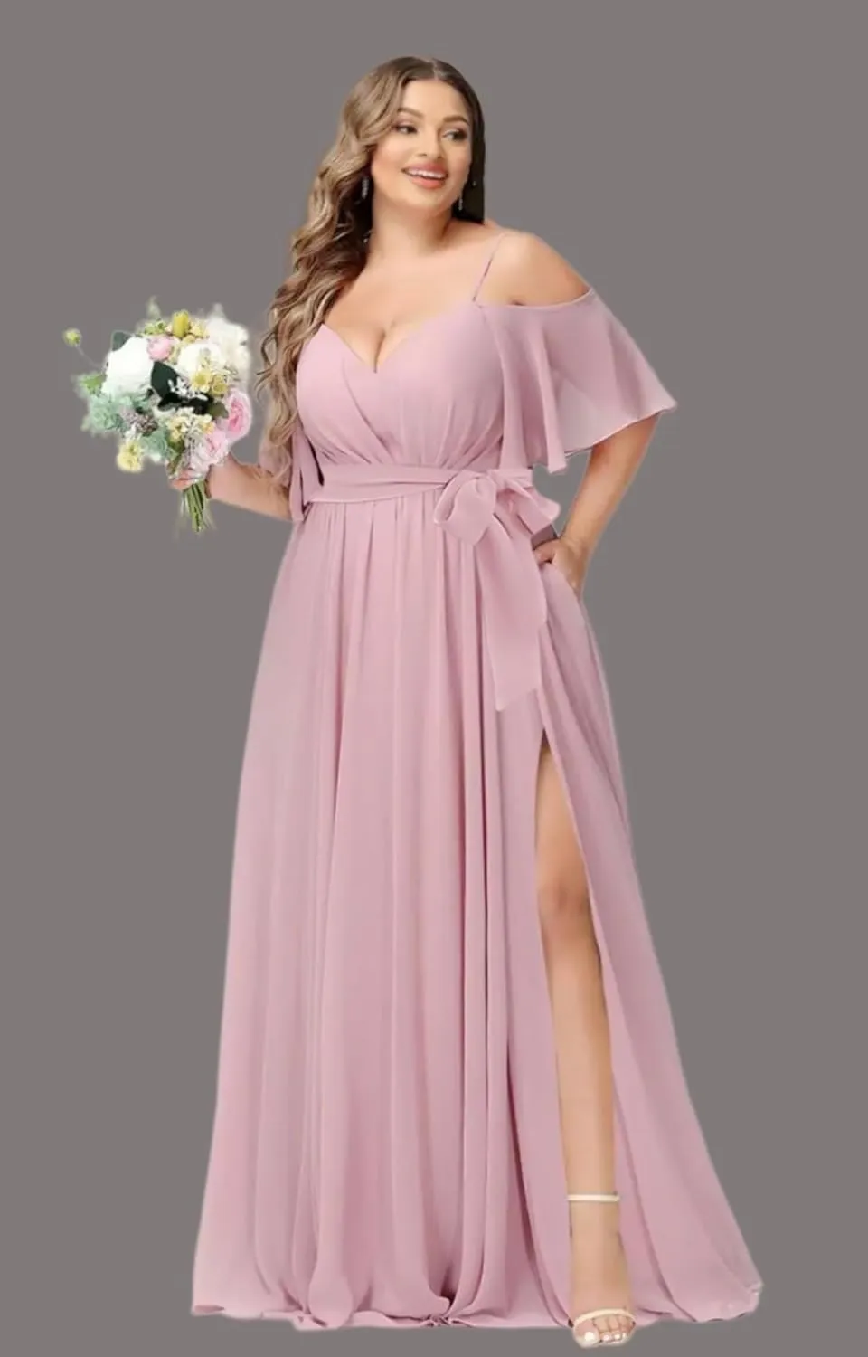 Chiffon Bridesmaid Dresses for Women 2025 Off Shoulder Spaghetti Straps A-Line Long Formal Dress with Slit