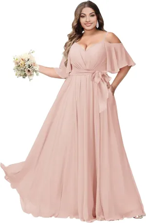 Chiffon Bridesmaid Dresses for Women 2025 Off Shoulder Spaghetti Straps A-Line Long Formal Dress with Slit