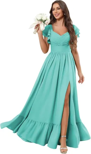 Chiffon Bridesmaid Dresses V Neck Pleated Short Sleeve Formal Evening Dress with Slit