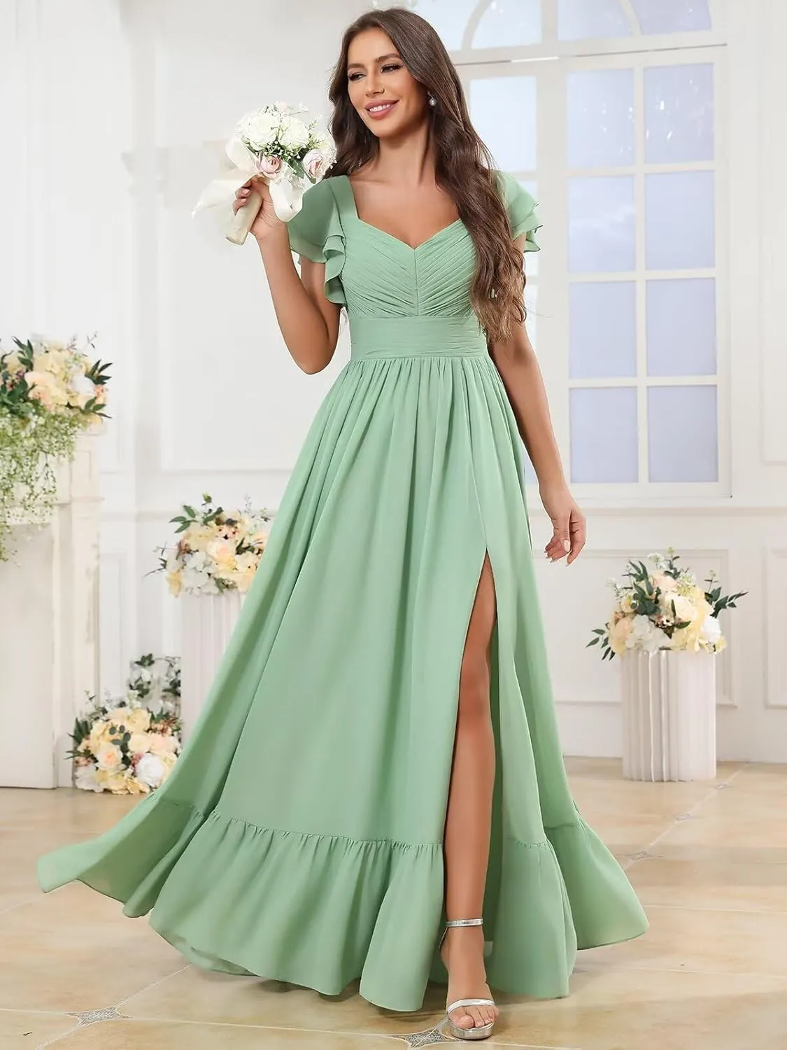Chiffon Bridesmaid Dresses V Neck Pleated Short Sleeve Formal Evening Dress with Slit