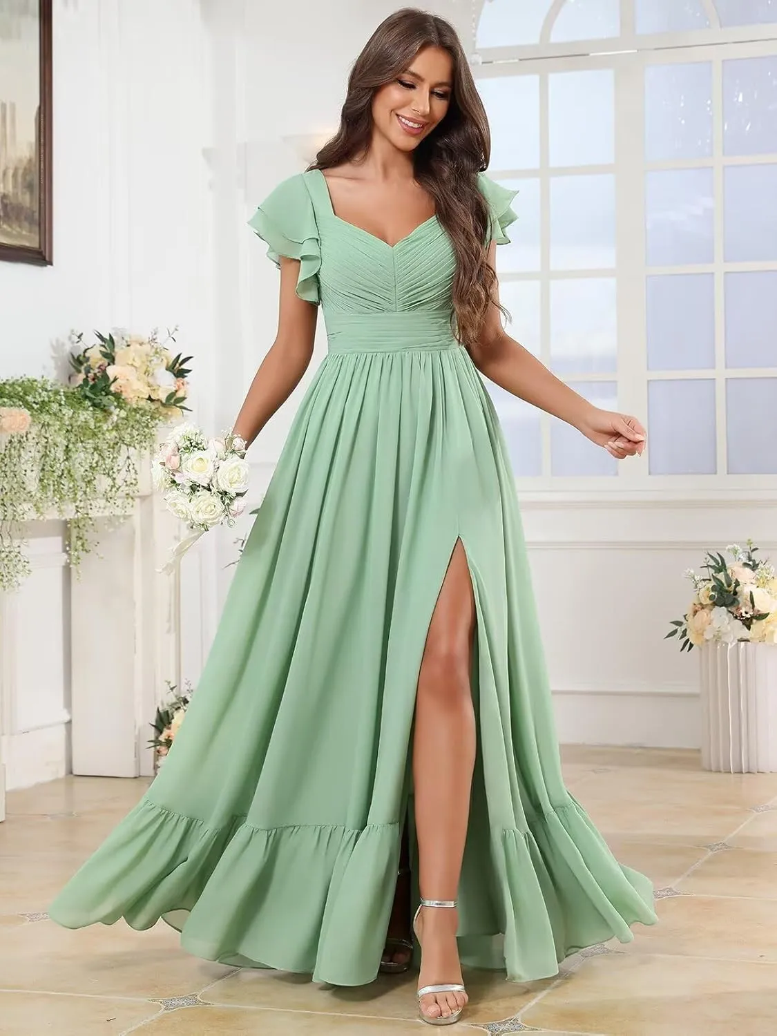 Chiffon Bridesmaid Dresses V Neck Pleated Short Sleeve Formal Evening Dress with Slit
