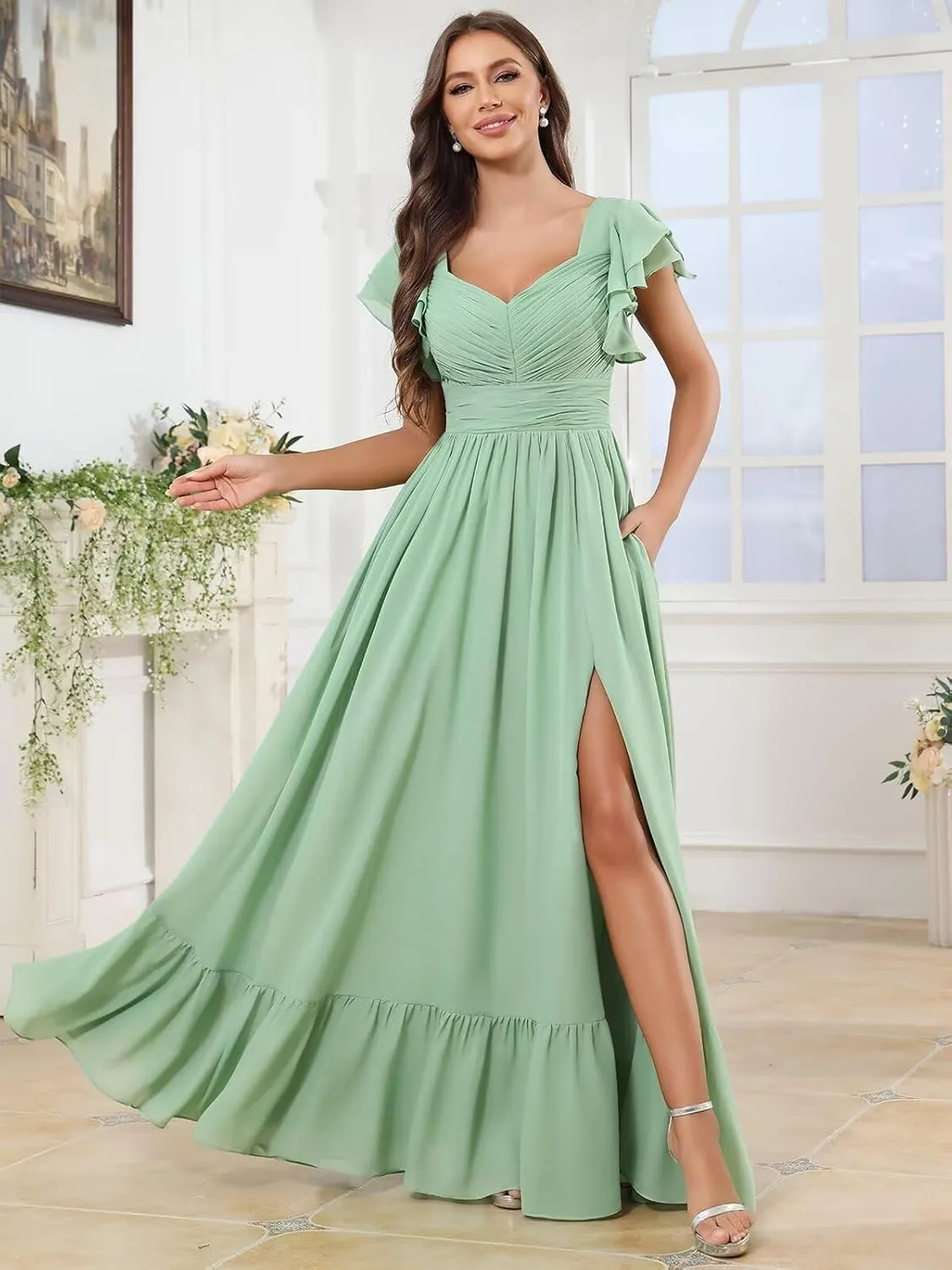 Chiffon Bridesmaid Dresses V Neck Pleated Short Sleeve Formal Evening Dress with Slit