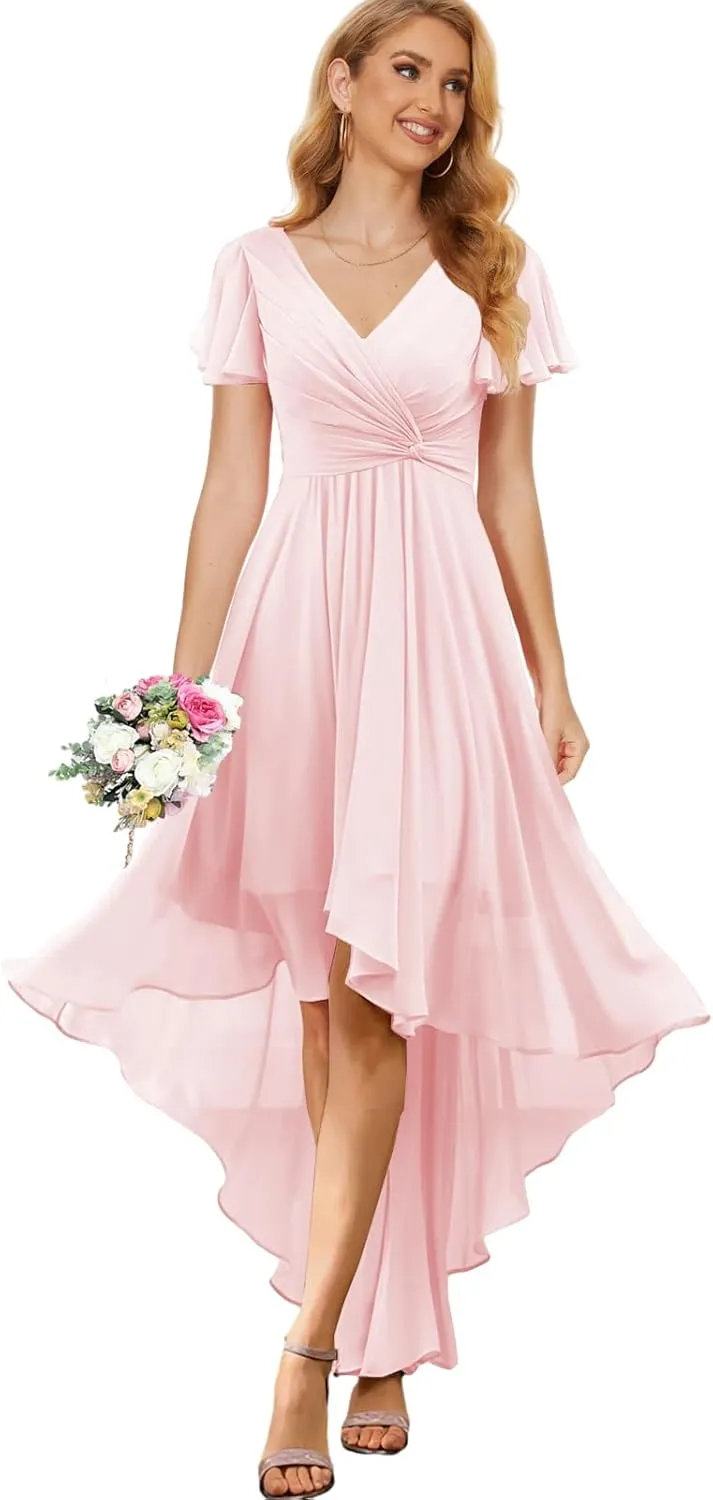 Chiffon Long Bridesmaid Dresses for Women High Low Formal Dress with Sleeves V Neck Evening Gown