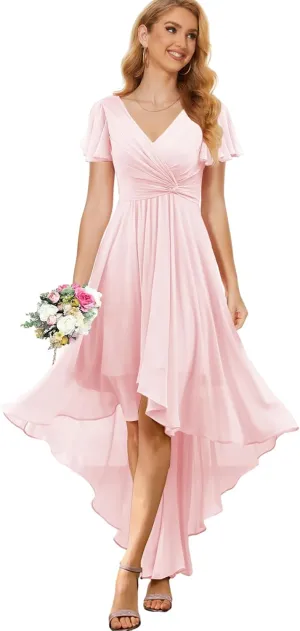 Chiffon Long Bridesmaid Dresses for Women High Low Formal Dress with Sleeves V Neck Evening Gown