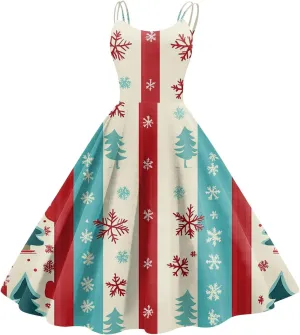 Christmas Dresses for Women 2024 Vintage Sleeveless Spaghetti Strap Dresses 1950s A-line Cocktail Midi Dress