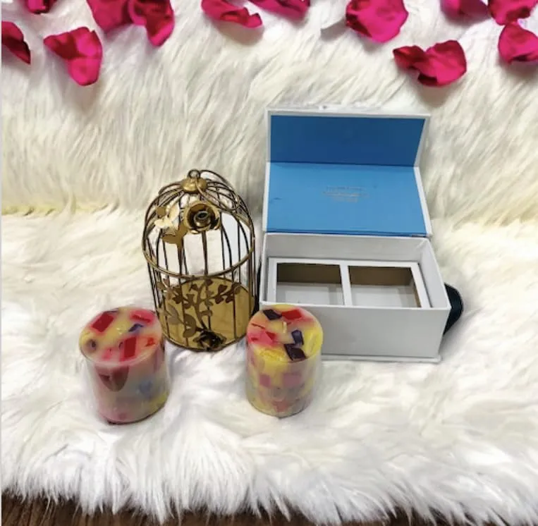 Ck Homez Magnetic Gift Box of Chunk Pillar Candle with 7inch Metal Cage Aroma Therapy Candles for Gifting (2 Pcs)