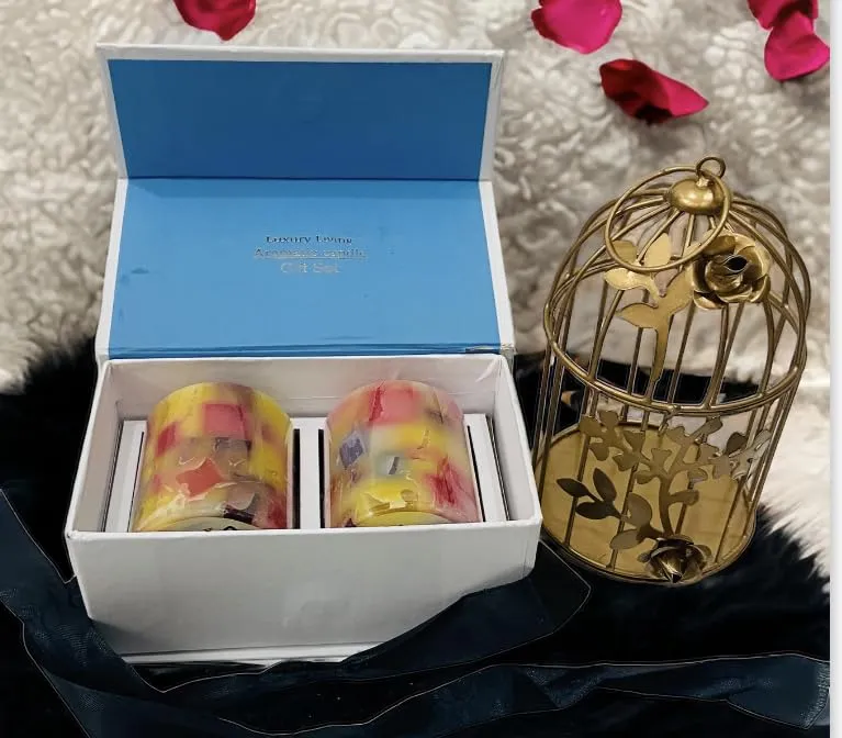 Ck Homez Magnetic Gift Box of Chunk Pillar Candle with 7inch Metal Cage Aroma Therapy Candles for Gifting (2 Pcs)