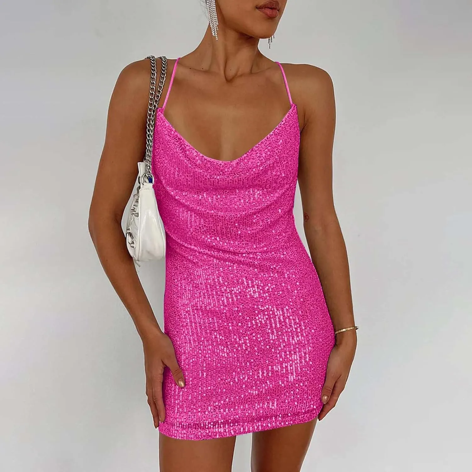 Cocktail Dresses for Women 2024 Sexy Sequin Slim Fit Bodycon Mini Dress Spaghetti Strap Deep v Neck Short Party Dress