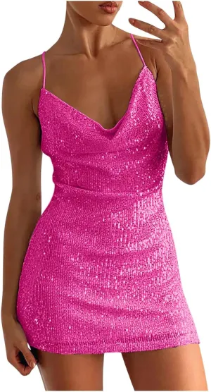 Cocktail Dresses for Women 2024 Sexy Sequin Slim Fit Bodycon Mini Dress Spaghetti Strap Deep v Neck Short Party Dress