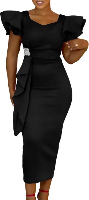 Cocktail Dresses for Women 2025 Wedding Guest Midi Dress with Sleeves Formal Tea Party Dress for Women