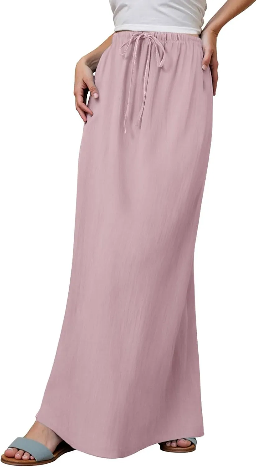 cooki Linen Flared Maxi Skirts for Women Summer Casual Vacation Boho Elastic Waist Drawstring Long Flowy Ankle-Length Skirt