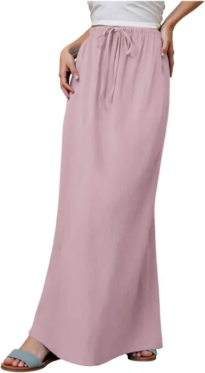 cooki Linen Flared Maxi Skirts for Women Summer Casual Vacation Boho Elastic Waist Drawstring Long Flowy Ankle-Length Skirt