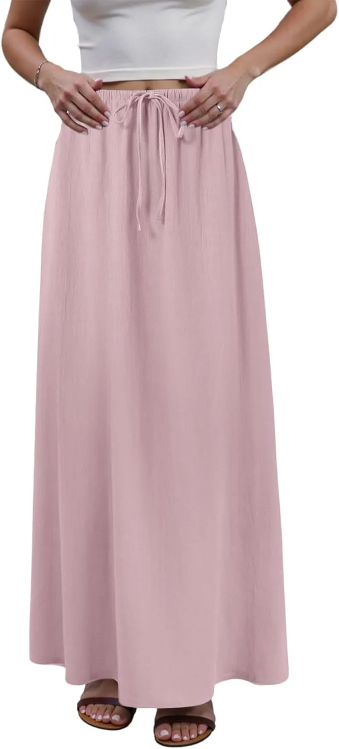 cooki Linen Flared Maxi Skirts for Women Summer Casual Vacation Boho Elastic Waist Drawstring Long Flowy Ankle-Length Skirt