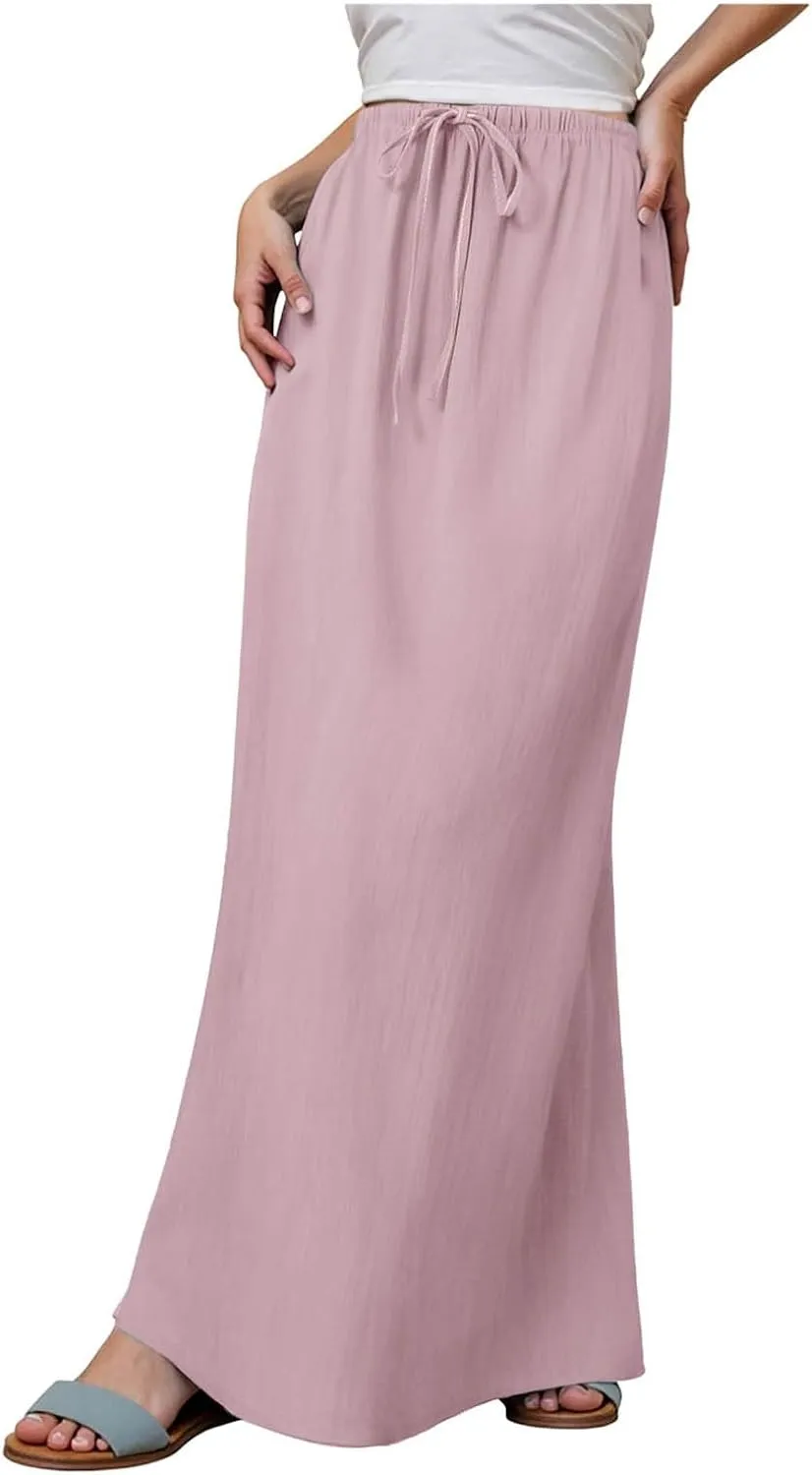 cooki Linen Flared Maxi Skirts for Women Summer Casual Vacation Boho Elastic Waist Drawstring Long Flowy Ankle-Length Skirt