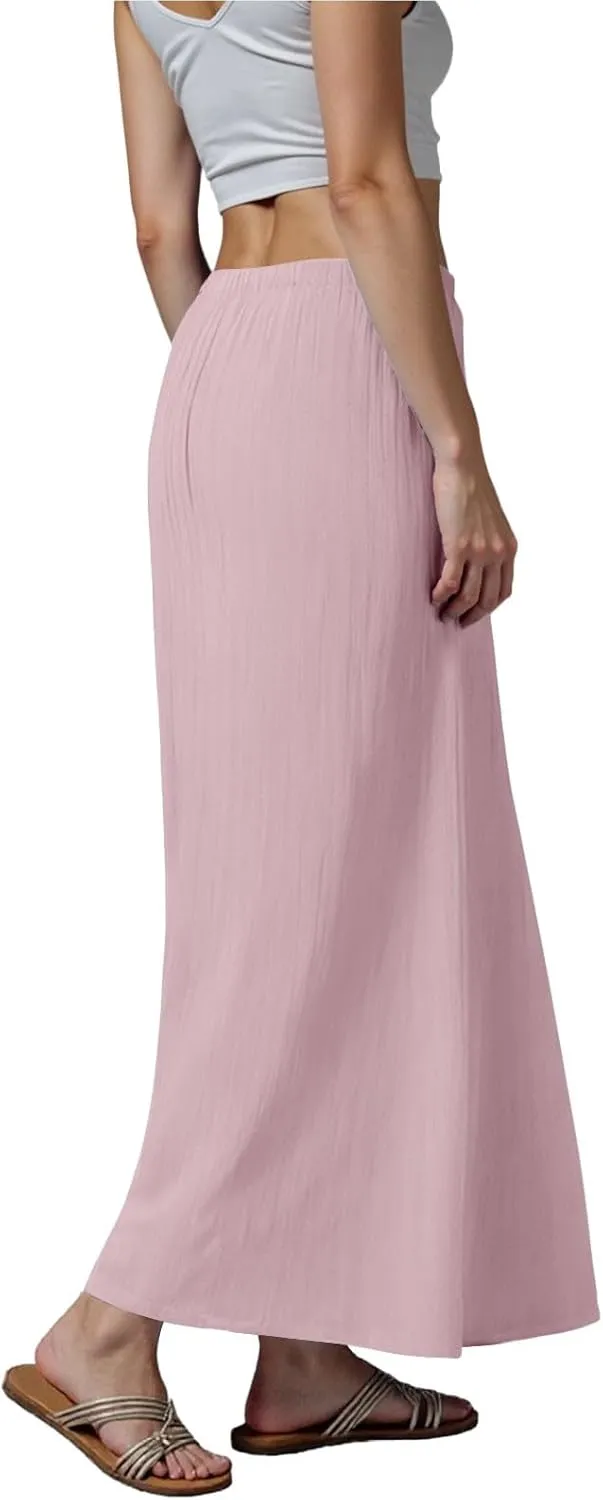 cooki Linen Flared Maxi Skirts for Women Summer Casual Vacation Boho Elastic Waist Drawstring Long Flowy Ankle-Length Skirt