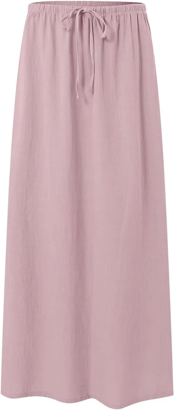 cooki Linen Flared Maxi Skirts for Women Summer Casual Vacation Boho Elastic Waist Drawstring Long Flowy Ankle-Length Skirt