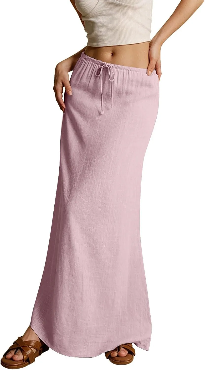cooki Linen Flared Maxi Skirts for Women Summer Casual Vacation Boho Elastic Waist Drawstring Long Flowy Ankle-Length Skirt