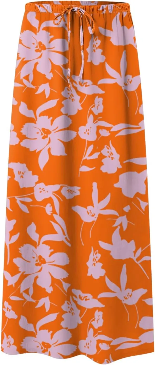 cooki Linen Maxi Skirts for Women Trendy 2025 Summer Comfy Linen Cotton Drawstring Low Waist Vacation Boho Flowy Long Skirts