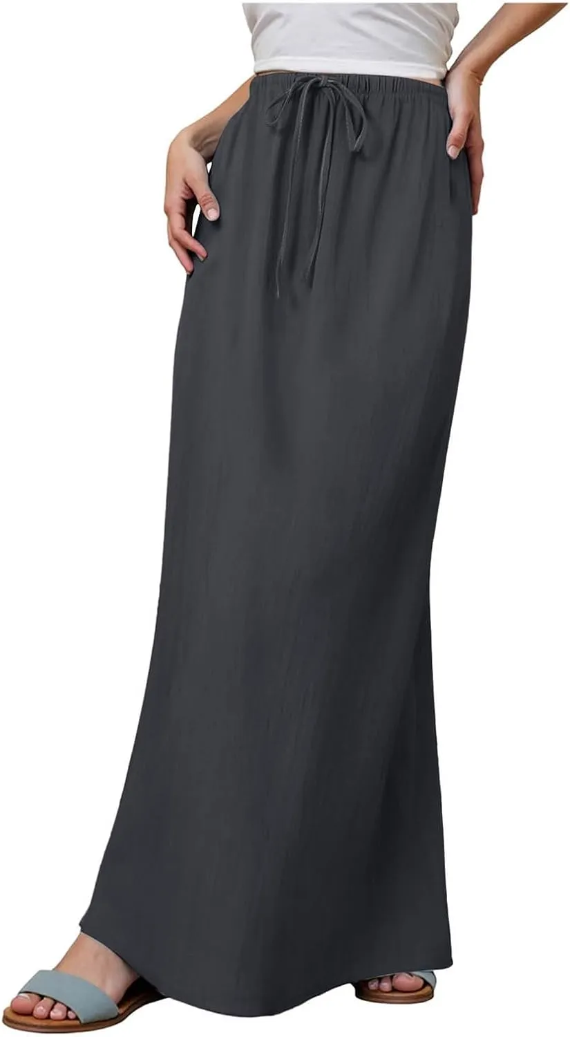 cooki Linen Skirts for Women Flared Maxi Summer Casual Vacation Boho Elastic Waist Drawstring Long Flowy Ankle-Length Skirt