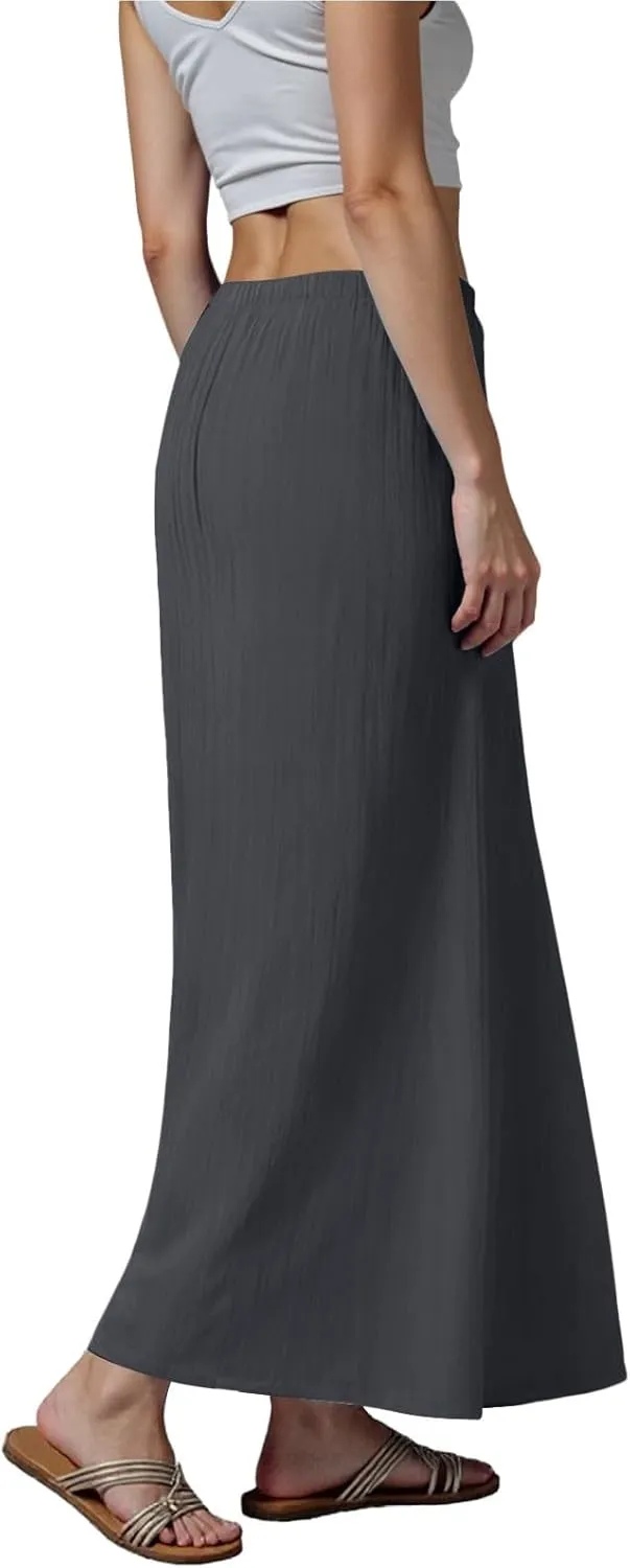 cooki Linen Skirts for Women Flared Maxi Summer Casual Vacation Boho Elastic Waist Drawstring Long Flowy Ankle-Length Skirt