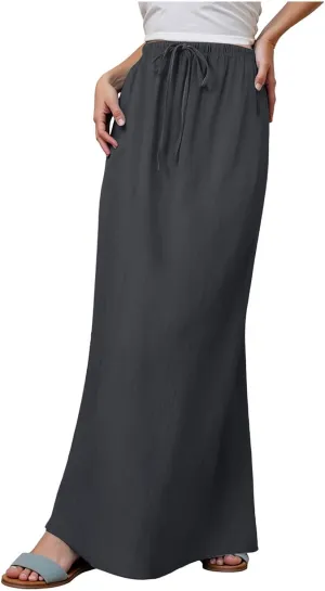 cooki Linen Skirts for Women Flared Maxi Summer Casual Vacation Boho Elastic Waist Drawstring Long Flowy Ankle-Length Skirt