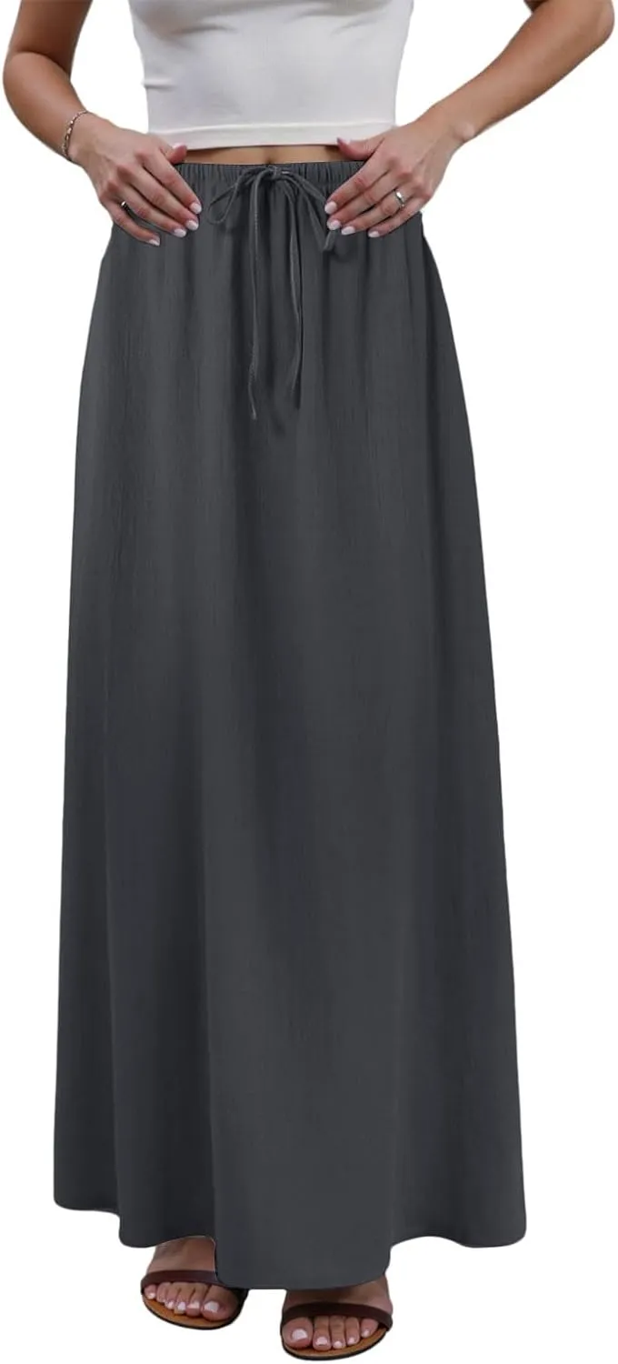 cooki Linen Skirts for Women Flared Maxi Summer Casual Vacation Boho Elastic Waist Drawstring Long Flowy Ankle-Length Skirt