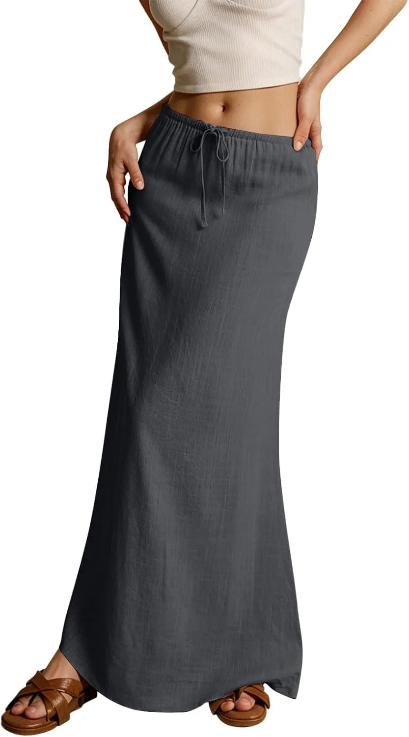 cooki Linen Skirts for Women Flared Maxi Summer Casual Vacation Boho Elastic Waist Drawstring Long Flowy Ankle-Length Skirt