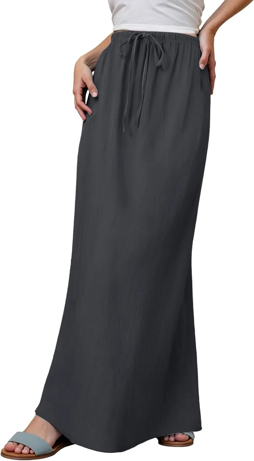 cooki Linen Skirts for Women Flared Maxi Summer Casual Vacation Boho Elastic Waist Drawstring Long Flowy Ankle-Length Skirt
