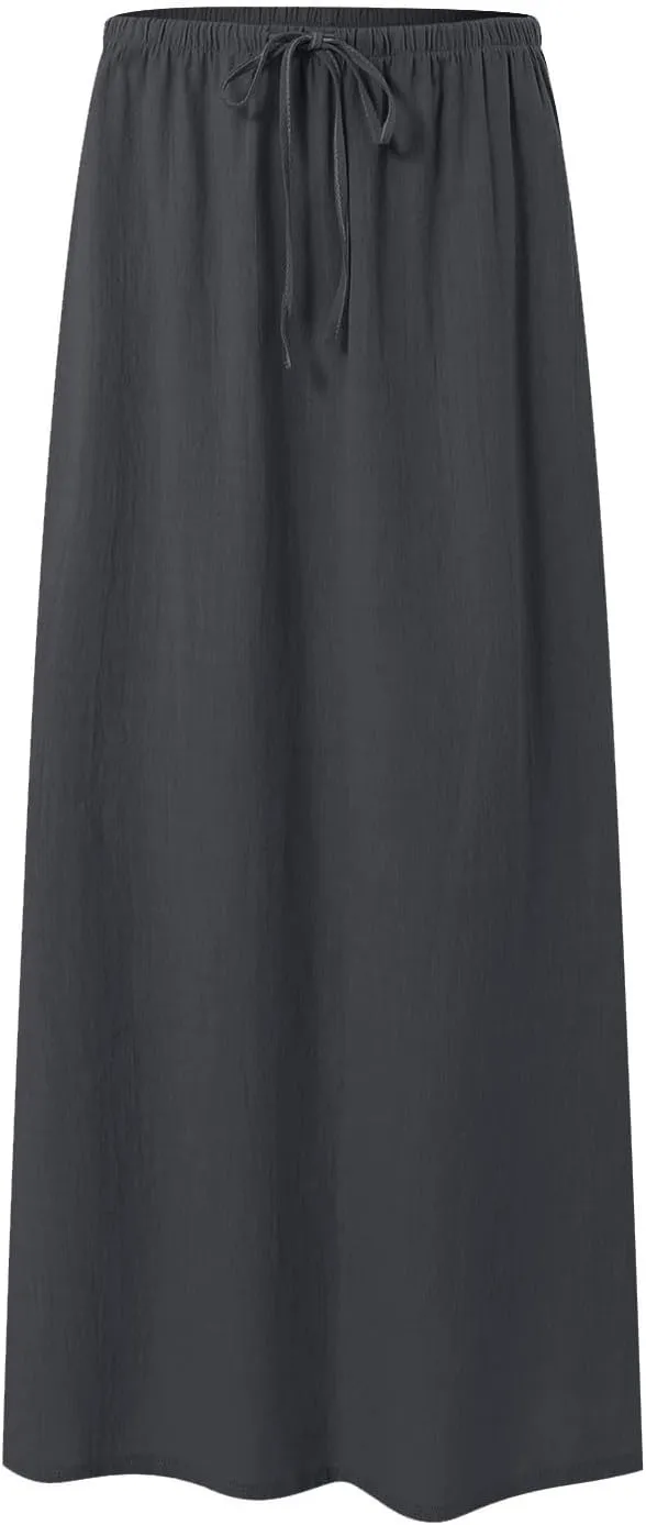 cooki Linen Skirts for Women Flared Maxi Summer Casual Vacation Boho Elastic Waist Drawstring Long Flowy Ankle-Length Skirt