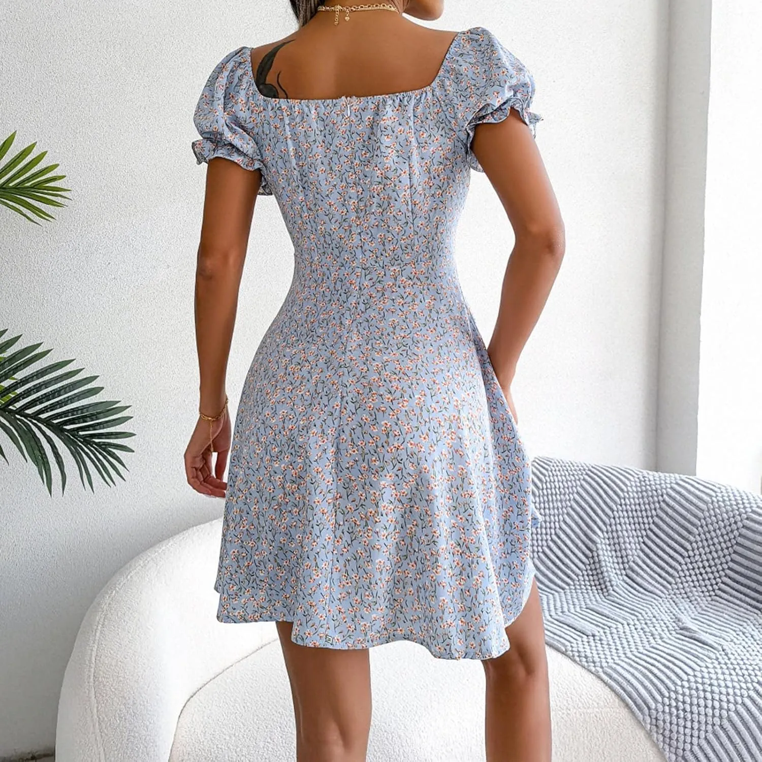 cooki Summer Dresses for Women 2024 V Neck Ruffle Puff Short Sleeve Tie Waist Casual A Line Floral Swing Mini Wrap Dress