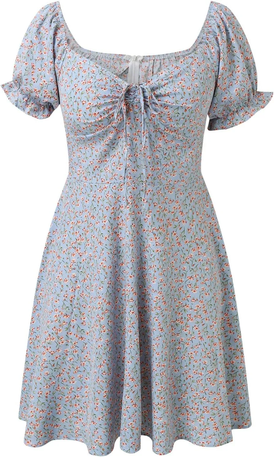 cooki Summer Dresses for Women 2024 V Neck Ruffle Puff Short Sleeve Tie Waist Casual A Line Floral Swing Mini Wrap Dress