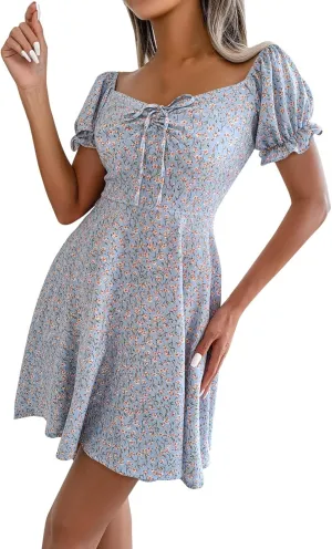 cooki Summer Dresses for Women 2024 V Neck Ruffle Puff Short Sleeve Tie Waist Casual A Line Floral Swing Mini Wrap Dress