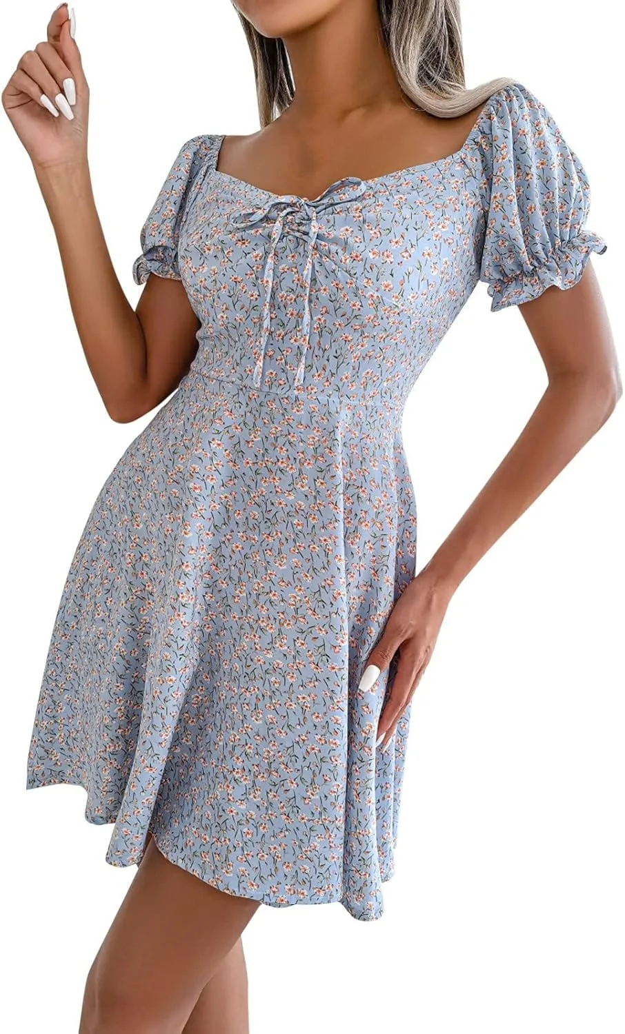 cooki Summer Dresses for Women 2024 V Neck Ruffle Puff Short Sleeve Tie Waist Casual A Line Floral Swing Mini Wrap Dress