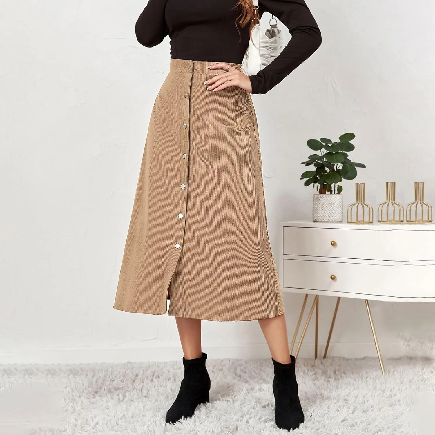 Corduroy Skirt Women High Waisted Suede Skirts Button Down A Line Midi Skirt Fall Winter Business Casual Long Skirts