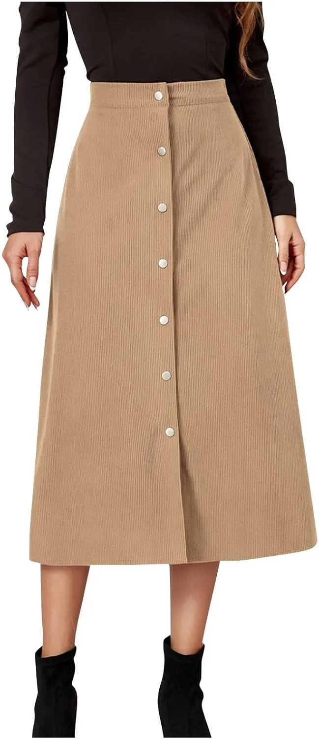 Corduroy Skirt Women High Waisted Suede Skirts Button Down A Line Midi Skirt Fall Winter Business Casual Long Skirts
