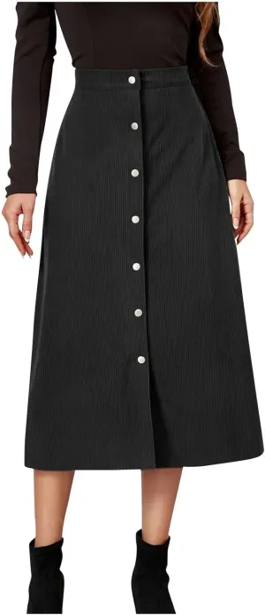 COTECRAM Corduroy Skirt Women Trendy Fall Winter High Waist Button Down A-Line Midi Skirts Dressy Casual Work Office Dresses