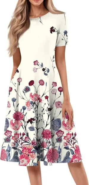 COTECRAM Summer Dress for Women 2025 Vacation Casual Short Sleeve Floral Boho Dresses Beach Flowy Midi Sundress with Pockets
