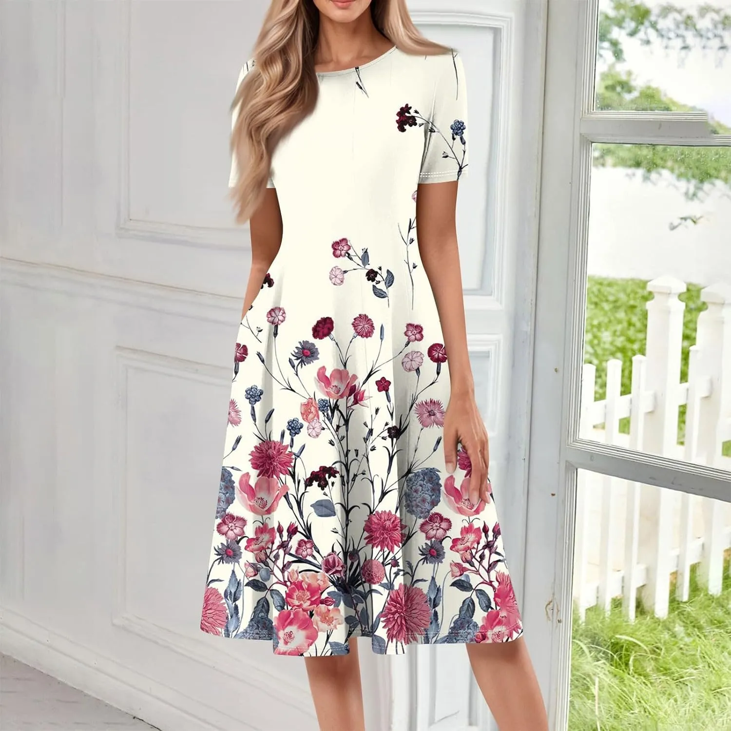 COTECRAM Summer Dress for Women 2025 Vacation Casual Short Sleeve Floral Boho Dresses Beach Flowy Midi Sundress with Pockets