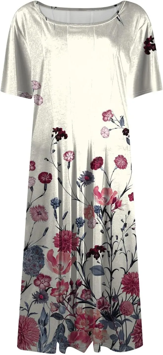COTECRAM Summer Dress for Women 2025 Vacation Casual Short Sleeve Floral Boho Dresses Beach Flowy Midi Sundress with Pockets